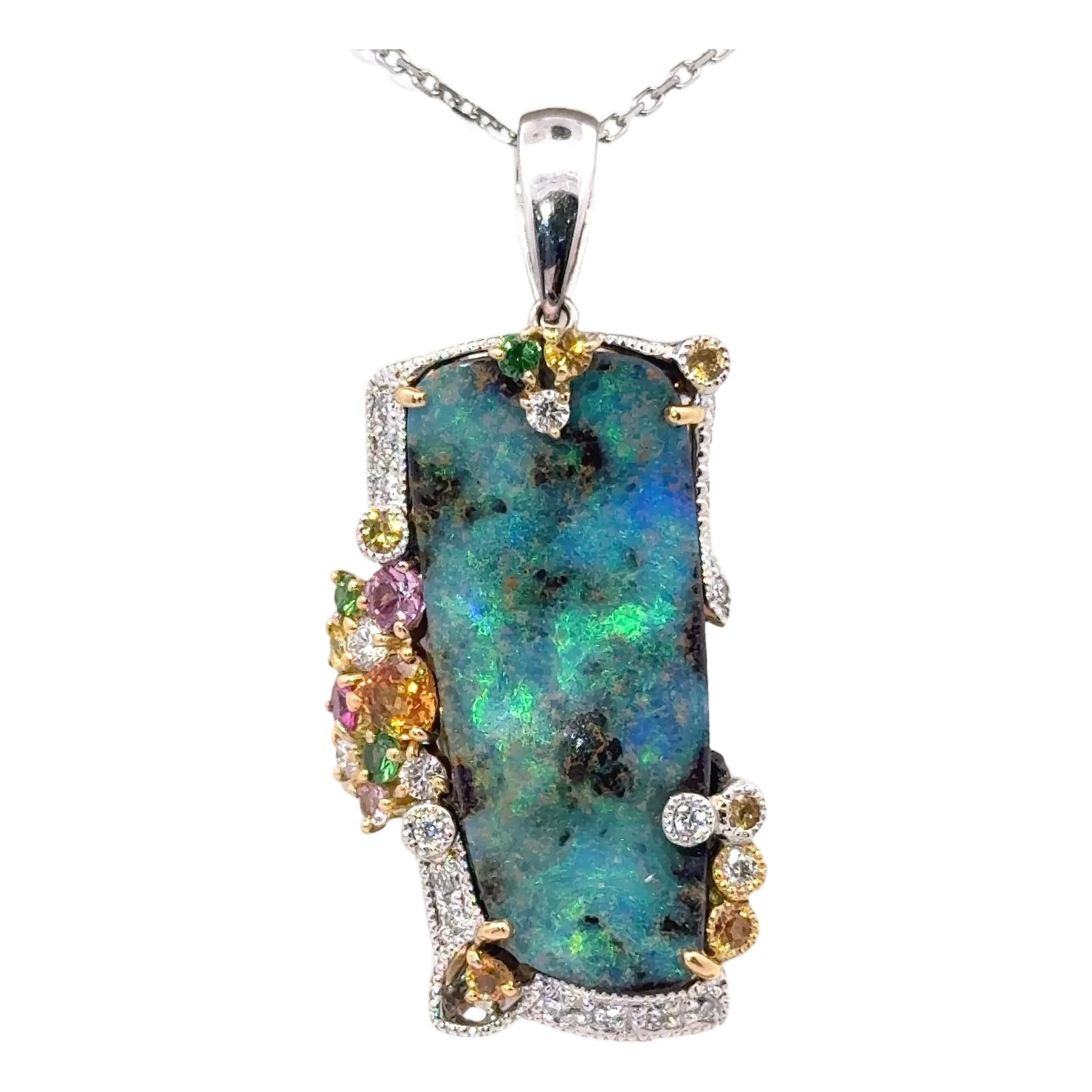 13.77 Carat Boulder Opal Multi-Colored Stones Diamond 18k Gold Pendant ...