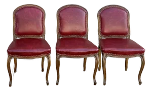 Mid 20th Century Tacked Red Vinyl & Fruitwood French Louis XV Fauteuil Dining Chairs - Set of 3