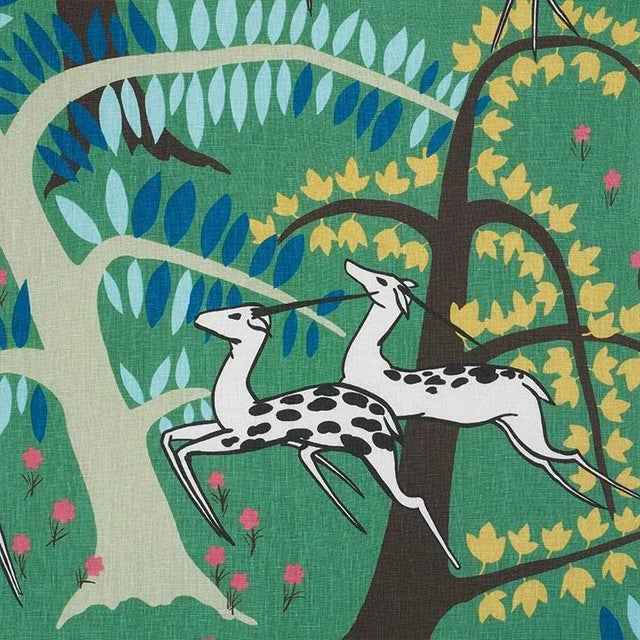 Sample - Schumacher X Paul Poiret Antelopes Fabric in Jade For Sale