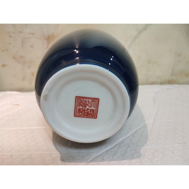 White Chinese Old Ceramic Vase,Qianlong Marked Blue Ground Famille Rose Porcelain Vase Hand Drawing Flowers and Birds Pattern For Sale - Image 8 of 12