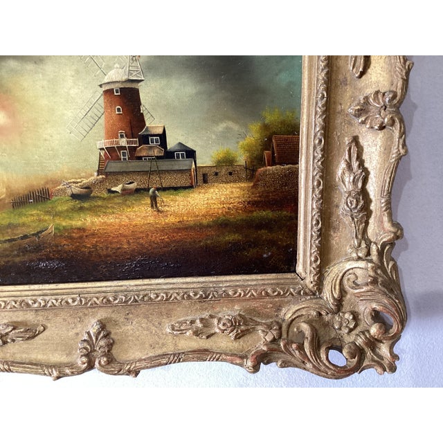 Wood Charming Dutch School, Oil Painting On Board COastal Scene with Windmill For Sale - Image 7 of 7
