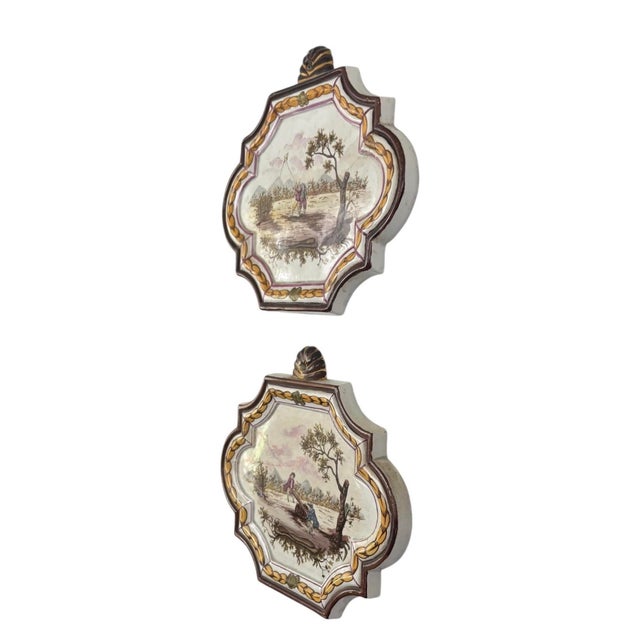 French Country A Pair of 19th Century Painted Faience Plaques in the Style of Veuve Perrin For Sale - Image 3 of 12