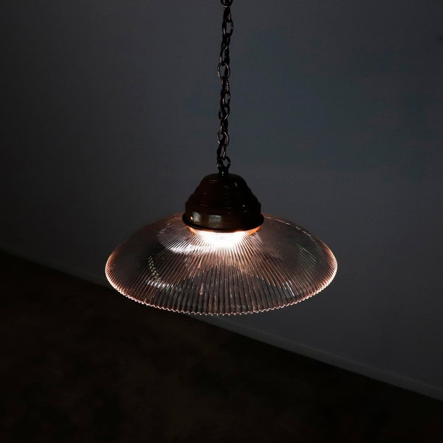 Industrial 1960s Holophane Clear Glass Vintage Industrial Pendant Light For Sale - Image 3 of 4