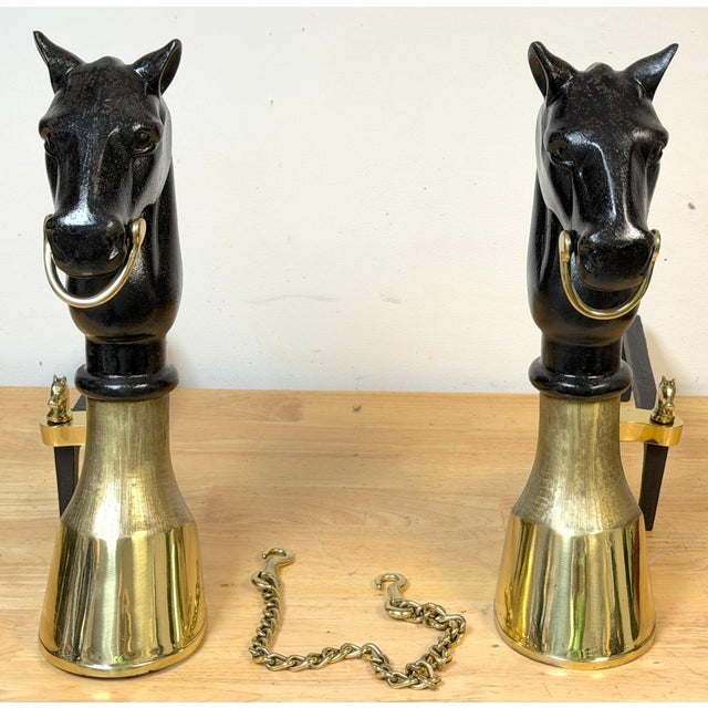 19th Century English Brass & Iron Horse Motif Andirons with Removable Chain For Sale - Image 15 of 18