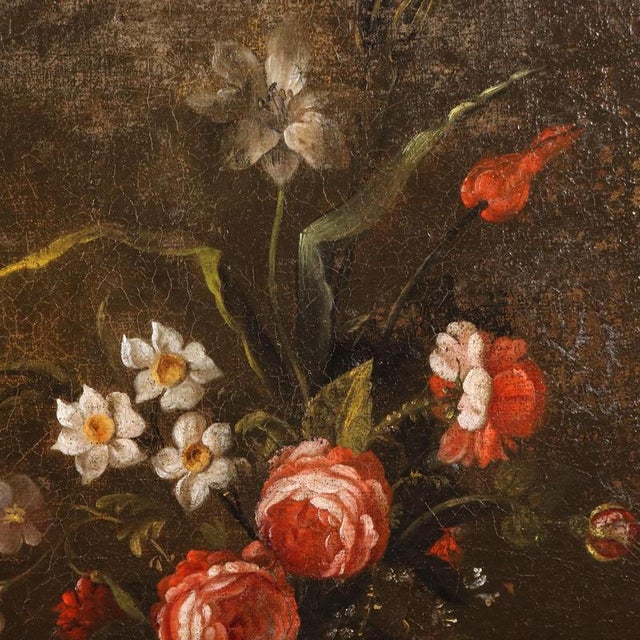 Italian Artist, Still Life with Flowers and Fruit, 1700s, Oil on Canvas, Framed For Sale - Image 4 of 10