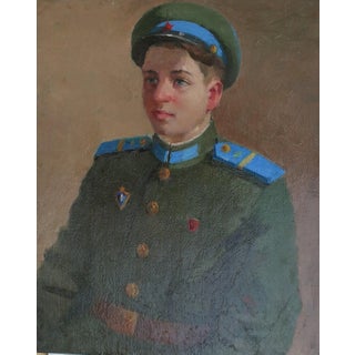 Soviet Soldier Portrait, Original Oil Painting on Cardboard, Ukrainian Art 40,5-32 For Sale