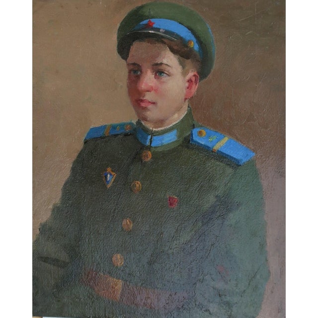 Soviet Soldier Portrait, Original Oil Painting on Cardboard, Ukrainian Art 40,5-32 For Sale
