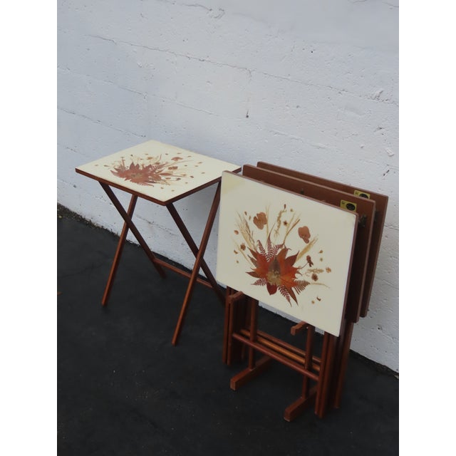 Scheibe Mid Century Folding Wooden Tv Trays Floral Top 4pc Set With Stand 6896 For Sale - Image 9 of 18