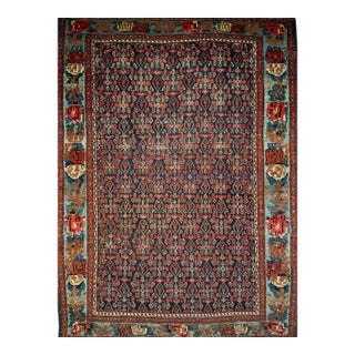 Antique Persian Senneh Area Rug, Hand-Knotted Wool, Herati Pattern & Gol Farang Border, Navy & Light Blue, 4x5 For Sale