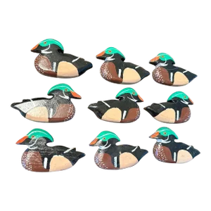 Late 20th Century Hand Made Wooden Wood Duck Ornaments- Set of 9