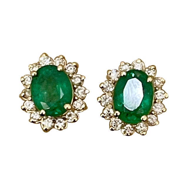 4 Ct Oval Shape Emerald & 1.5 Ct Diamond Post Back Earrings 14 Karat Yellow Gold For Sale - Image 17 of 18