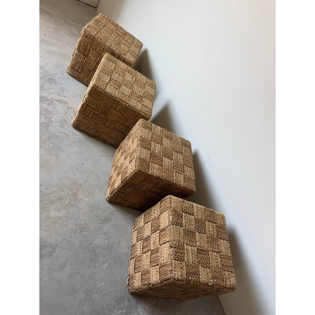 Vintage Coastal Organic Boho Chic Handwoven Seagrass Dining Table With 4 Stools – Set of 5 For Sale - Image 9 of 12