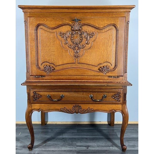 Vintage French Louis Style Carved Oak Cabinet with Drawer For Sale - Image 12 of 12