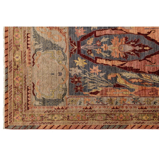 Textile Modern Bidjar Style Hand-Knotted Wool Rug –Botanical Motifs in Blue & Terracotta For Sale - Image 7 of 11