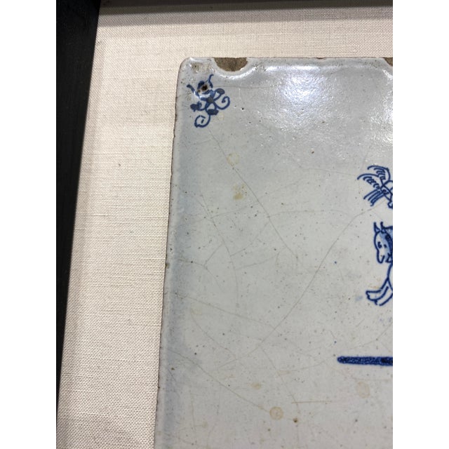 18th Century Antique Delft Tiles Pair Framed Blue & White Dutch Hand Painted Ceramic 18thC For Sale - Image 5 of 9