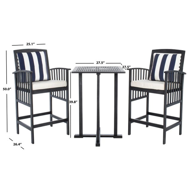 Transitional Pate 3-Piece Bar Height Bistro Set, Black/Beige Cush/Navy & White Square Pillow For Sale - Image 3 of 7