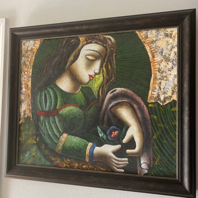 20th Century Oil on Canvas Framed Signed by American Artist Titled Mother Mary With Sacred Heart of Jesus For Sale - Image 10 of 11
