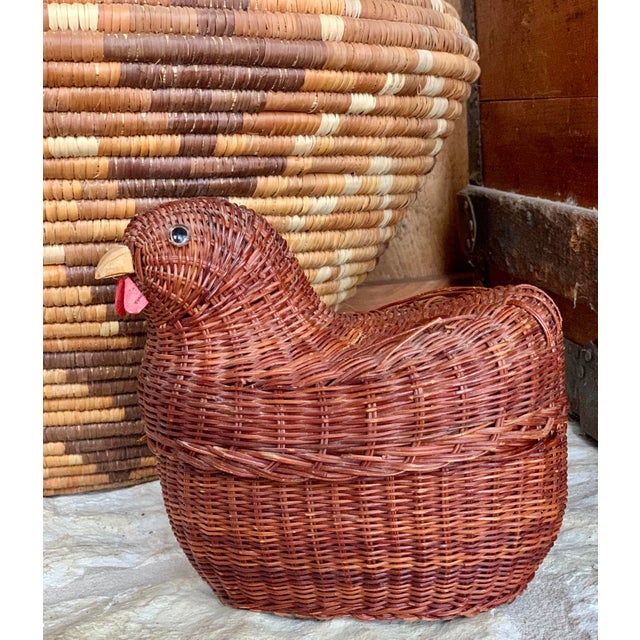 Vintage woven rattan chicken basket with lid. Fun, quirky decor for a modern farmhouse kitchen, English cottage, French...