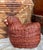 Vintage woven rattan chicken basket with lid. Fun, quirky decor for a modern farmhouse kitchen, English cottage, French...