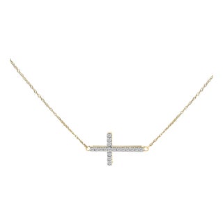 10K Yellow Gold 1/5 Cttw Diamond Sideways Cross Pendant Necklace For Sale