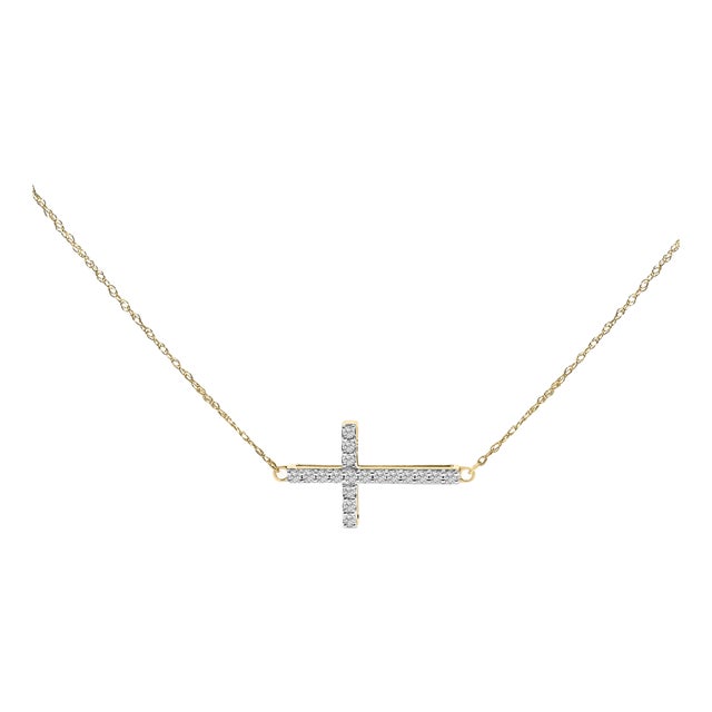 10K Yellow Gold 1/5 Cttw Diamond Sideways Cross Pendant Necklace For Sale