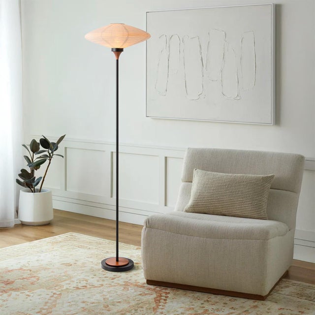 Mid-Century Modern Roswell Torchiere Floor Lamp - Matte Black, Walnut, Washi Linen Shade, Black Marble Base, Dimmer Switch For Sale - Image 3 of 16