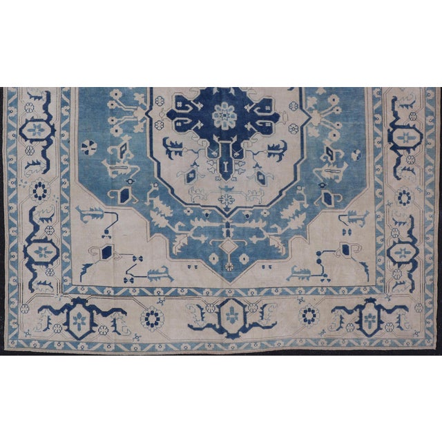Mid 20th Century Vintage Turkish Oushak Rug With Dark and Light Blue in Medallion Design For Sale - Image 5 of 12