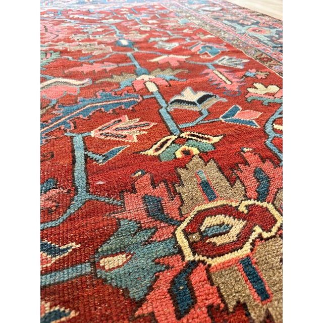 Antique Persian Heriz Carpet Handmade Wool Oriental Rug, Rust, Navy-Medium Blue For Sale - Image 12 of 18