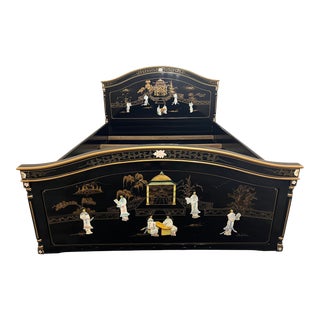 Chinoiserie Mother-Of-Pearl Lacquered Queen Bed Frame For Sale
