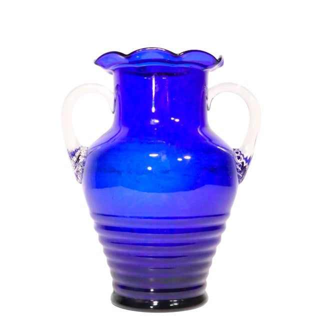 Fostoria Glass Company Mid 20th Cobalt Glass Handled Vase Att. To Fostoria For Sale - Image 4 of 7