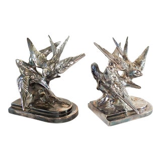 Vintage C. 1930's Bird Swallow Bookends Chrome - a Pair For Sale