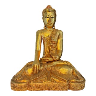 Vintage Carved Burmese Giltwood Seated Buddha With Sequin Accents - Lotus Style For Sale