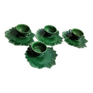1940s Woodfield by Steubenville Forest Green Leaf Plates With Matching Cups- 8 Pieces For Sale