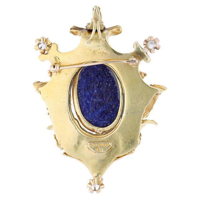 Blue 1940s Art Deco Lapis Lazuli and Diamond 18k Yellow Gold Brooch Pendant For Sale - Image 8 of 9