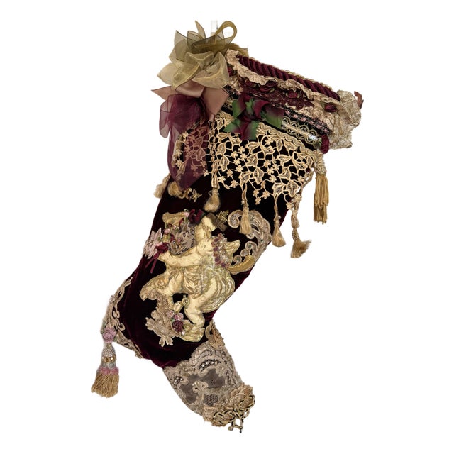 Victorian Style Burgundy Velvet Christmas Stocking With Cherub, Lace & Tassels For Sale