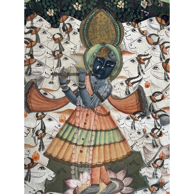 Indian Large Krishna Painting Playing Flute on Silk For Sale - Image 3 of 10