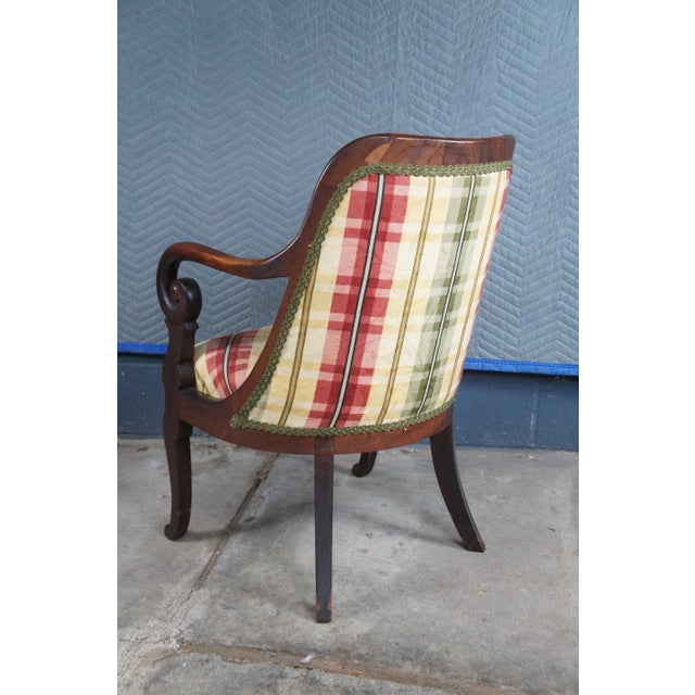 Late 19th Century Antique American Empire Mahogany Plaid Scrolled Parlor Armchairs For Sale - Image 5 of 13