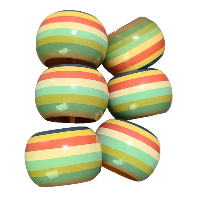 Vintage Set of 6 Colorful Wood Striped Napkins Rings For Sale
