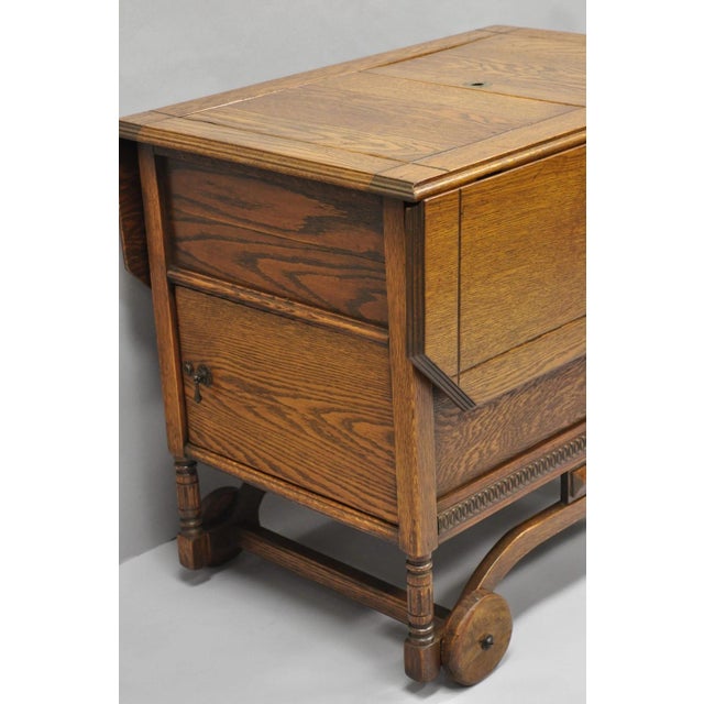 Antique Arts & Crafts Oak Wood Rolling Bar Cart Liquor Cabinet by Lammert's For Sale - Image 9 of 18