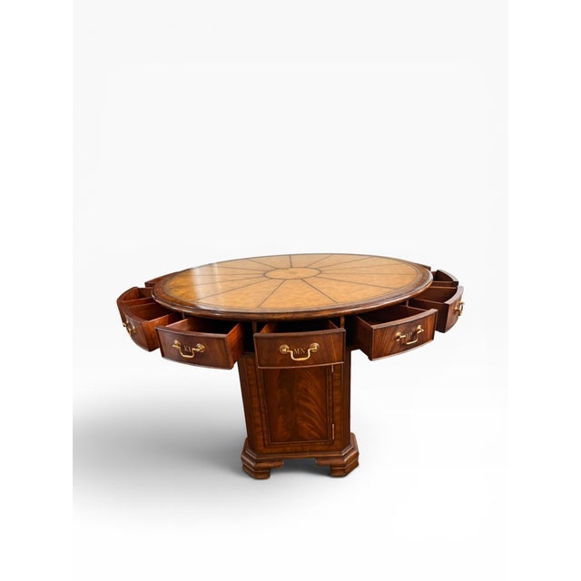 Maitland - Smith Vintage Maitland-Smith Rotating Rent Table / Drum Table in Mahogany & Burlwood – Alphabetized Drawers – 42” Round For Sale - Image 4 of 18