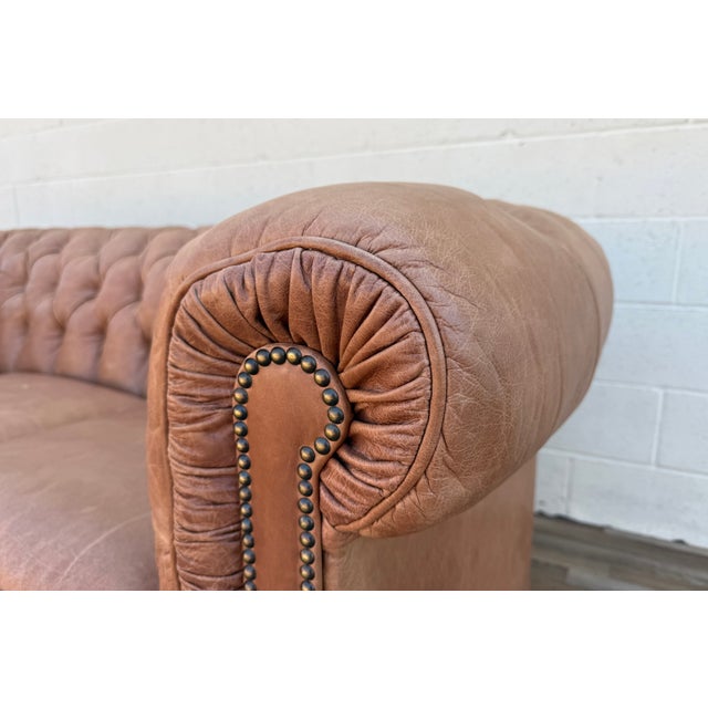 Vintage Distressed Leather Chesterfield Sofa | Made in Canada | Camel Brown | Circa 1990s For Sale - Image 14 of 18
