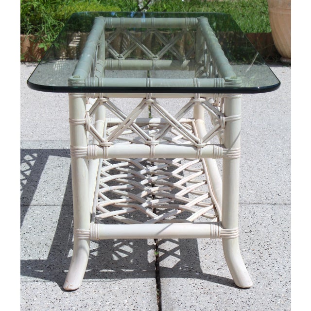 Vintage 1970s Coastal Rattan Coffee Table With Turquoise Glass Top and Cream-Colored Cane Frame For Sale - Image 10 of 12