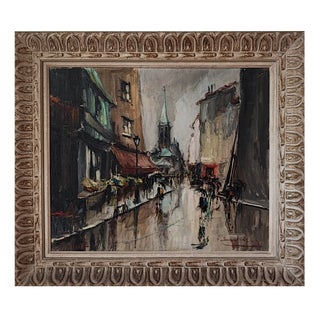Bernard Lignon, Rue de marché animée par jour de pluie, Oil on Canvas, Framed For Sale