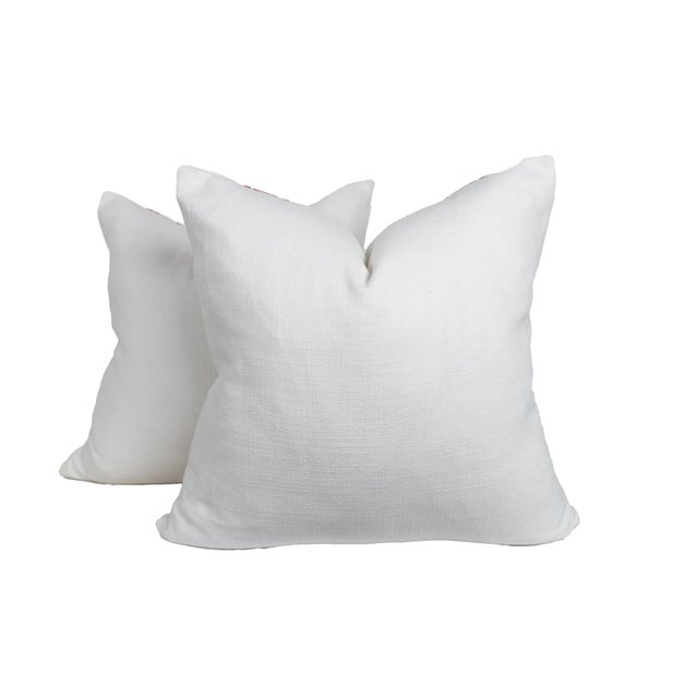 Pair of custom, high-end designer linen pillow covers with pink greek key tape on fronts. Solid ivory linen backs, knife-...