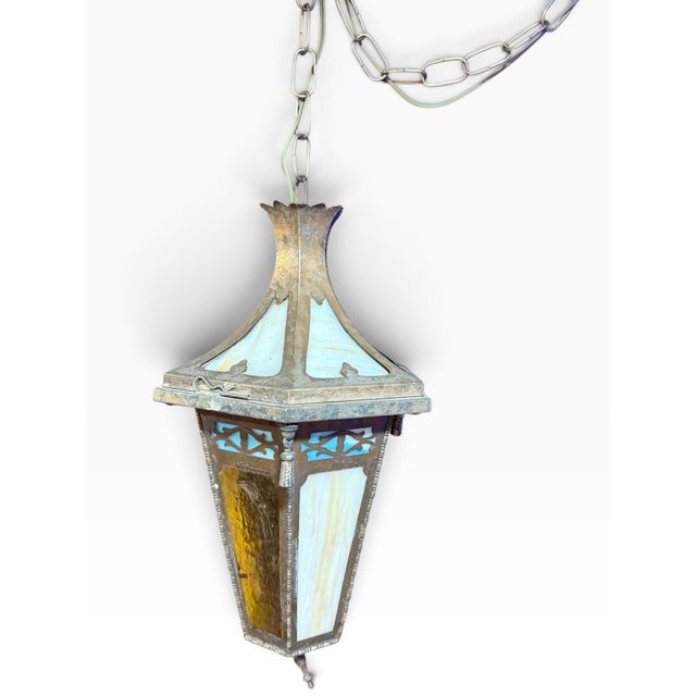 Amber Vintage Gothic 6 Panel Stained Glass Swag Lamp Hanging Lantern For Sale - Image 8 of 9