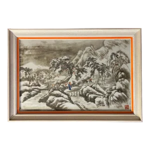 Chinese Mountain Landscape Painting Executed on a Large Porcelain Plaque en Grisaille