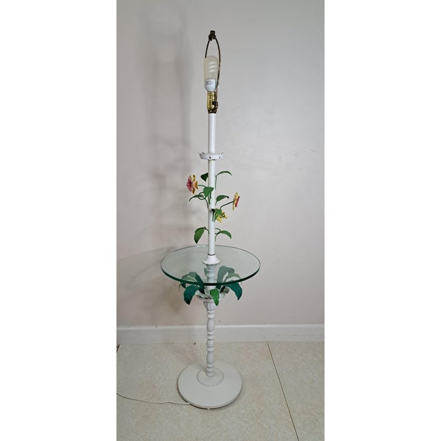 Vintage Hand-Painted Floral Tole Floor Lamp With Glass Table, Hollywood Regency For Sale - Image 9 of 15