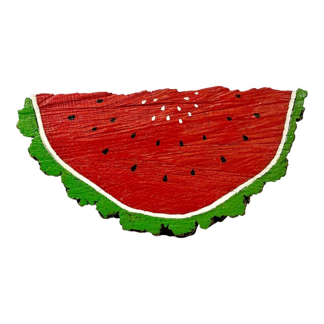 Vintage Folk Art Boho Chic Arts & Crafts Elm Wedge Watermelon Sculpture, Hand Carved, Painted For Sale