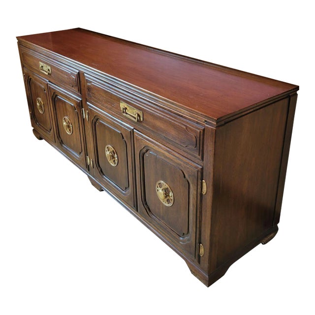 1970's Davis Cabinet Co Cherry Wood Asian Inspired Credenza For Sale