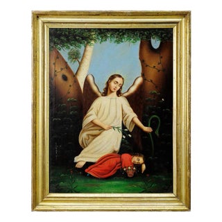 Angel with Sleeping Child, 20th-century, Oil on Canvas, Framed For Sale